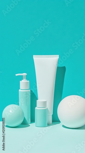 Minimalist skincare products on turquoise background
