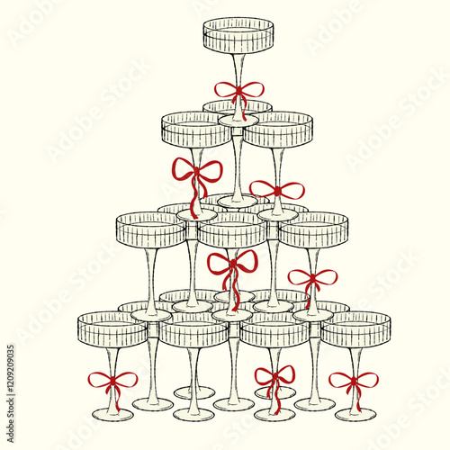 Champagne glasses with coquettish bowknots stacked in pyramid tower. Wide Wineglasses. Elegant clipart for party. wedding, birthday invitation. Vector design element.