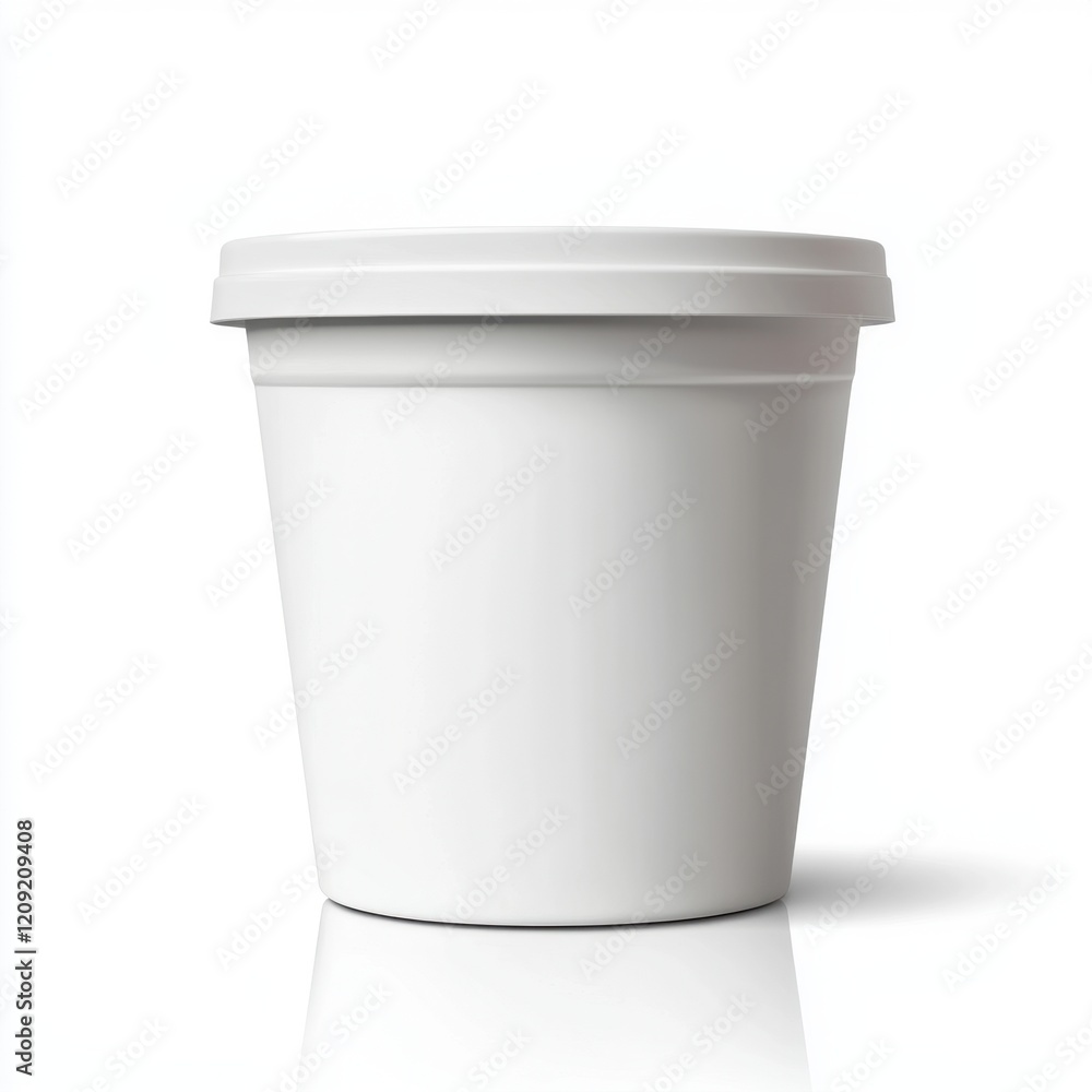 A plain white plastic container with a lid, typically used for storing food or other items. A plain white plastic container with a lid, typically used for storing food or other items.