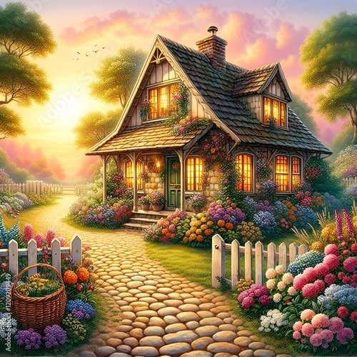 A tranquil setting with a charming home, vibrant flora, and a serene sunset sky. photo