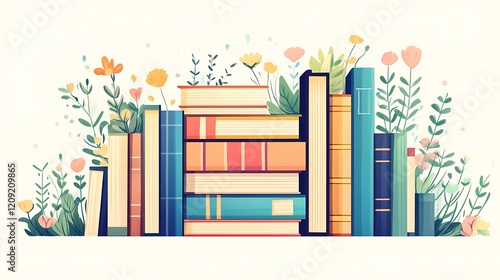 A stack of colorful books, a vector illustration on a white background, 
