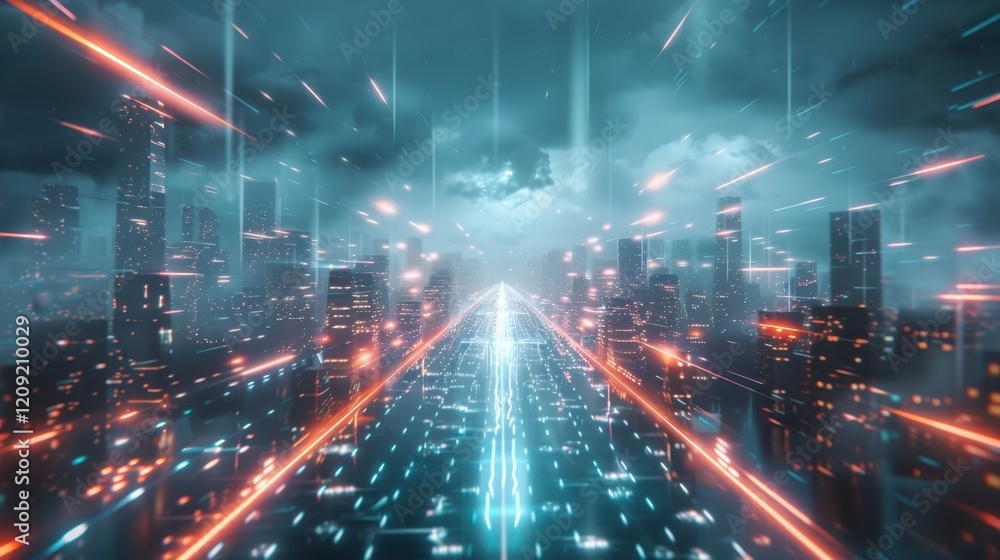 Obraz premium Thunderstorm reveals an abstract power in the sky. Lightning strikes, lighting up the dark clouds.