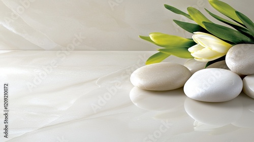 A white marble countertop with a bouquet of yellow tulips and white pebbles.