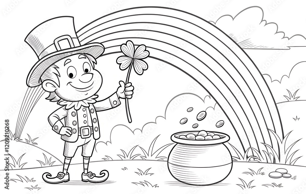 A black-and-white coloring page featuring a smiling leprechaun with a shamrock and a pot of gold under a rainbow. Great for St. Patrick's Day activities for kids. A black-and-white coloring page featuring a smiling leprechaun with a shamrock and a pot of gold under a rainbow. Great for St. Patrick's Day activities for kids.
