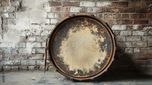 Weathered bass drum leaning on textured brick wall photo