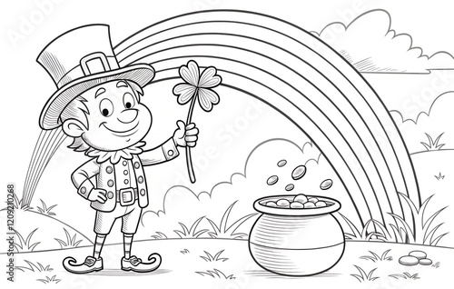Wallpaper Mural A black-and-white coloring page featuring a smiling leprechaun with a shamrock and a pot of gold under a rainbow. Great for St. Patrick's Day activities for kids. Torontodigital.ca