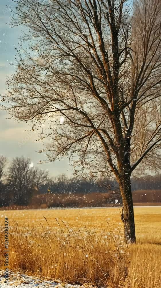 Snowfall gently covers an open field and a barren tree during winter afternoon in a serene landscape Snowfall gently covers an open field and a barren tree during winter afternoon in a serene landscape