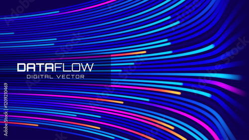 Digital Data Flow Vector Background. Big Data Technology Lines. 5G Wireless Data Transmission. High Speed Light Trails. Information Flow in Virtual Reality Cyberspace. Vector Illustration.