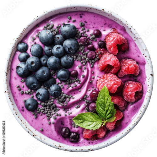 Colorful smoothie bowl topped with berries. photo