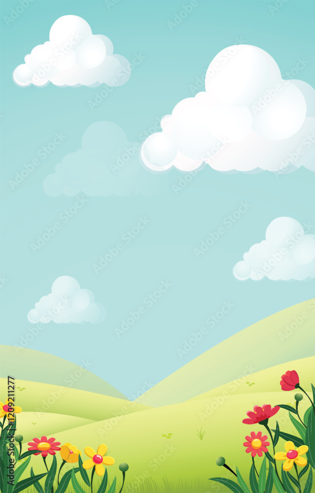Beautiful landscape with flowers and clouds in the sky, Beautiful landscape with flowers and clouds in the sky,