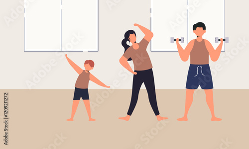 Family spending time doing morning exercise together at home illustration