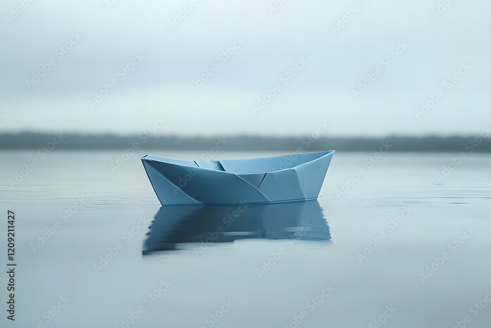 single blue paper boat floating on calm water overcast sky in background symbolizing blue monday single blue paper boat floating on calm water overcast sky in background symbolizing blue monday