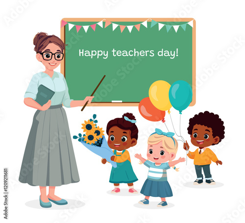 happy cute kids give flowers and balloons to teacher happy teachers day illustration