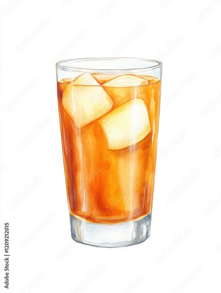 A refreshing glass of iced tea with large ice cubes, showcasing a vibrant amber color, perfect for hot days. A refreshing glass of iced tea with large ice cubes, showcasing a vibrant amber color, perfect for hot days.