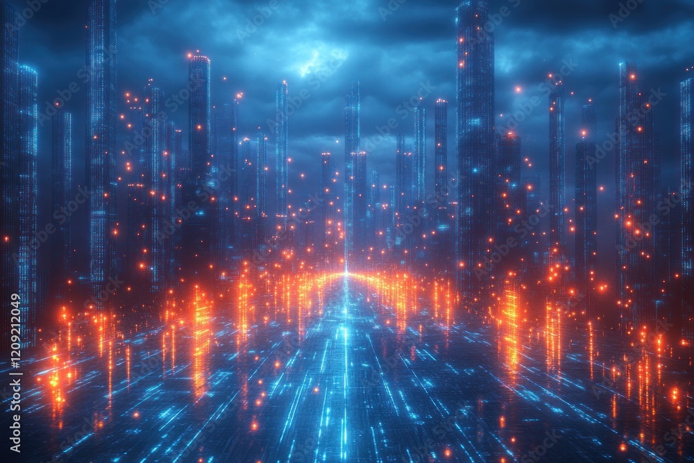 Obraz premium Futuristic Digital Landscape with Cloud Computing Big Data Transfer in Cyberspace