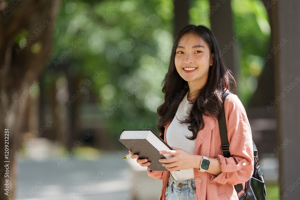 Smiling young woman wearing casual clothes and backpack is standing outdoors holding a book and pen, enjoying the pleasant weather on a university campus Smiling young woman wearing casual clothes and backpack is standing outdoors holding a book and pen, enjoying the pleasant weather on a university campus