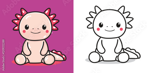 A cute axolotl doll cartoon illustration for a sticker, design element, or coloring book element