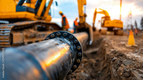 Construction workers laying pipelines at a construction site in the evening light photo