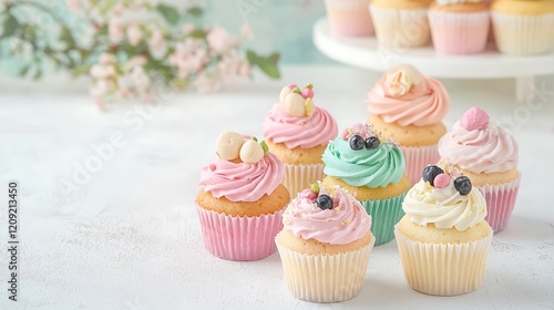 An enchanting circular logo for a bakery featuring an assortment of delightful cupcakes in vibrant pastel hues, intricately designed with toppings and icing. The background presents a dreamy