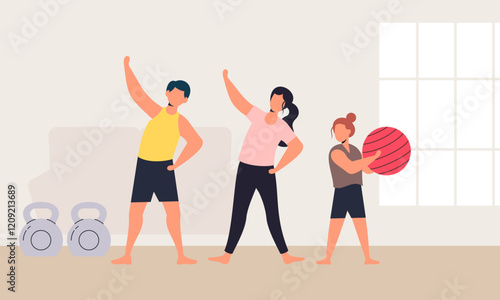 Family spending time doing morning exercise together at home illustration