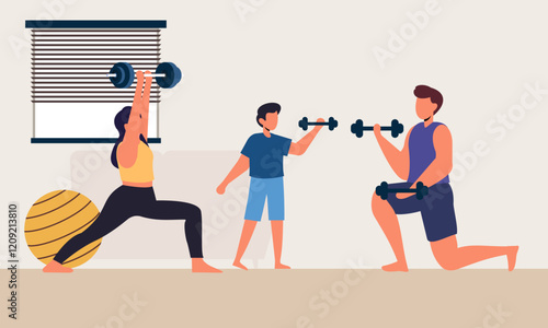 Family spending time doing morning exercise together at home illustration