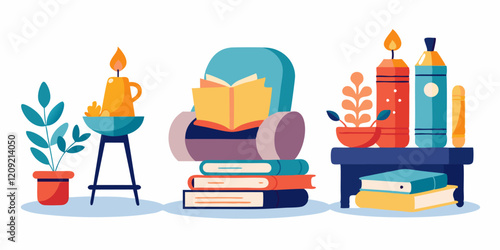 Cozy reading corner with books and plants in relaxing atmosphere design