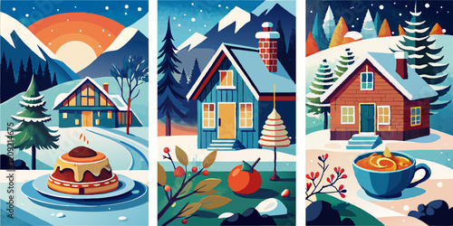 Cozy winter retreats with cabin scenes and snowy landscapes character design