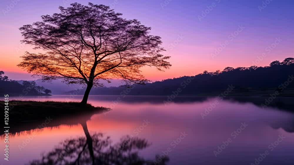 Calm lake reflecting a lone tree under a colorful sunrise in a serene landscape Calm lake reflecting a lone tree under a colorful sunrise in a serene landscape