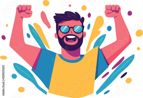 Celebratory man expressing joy with raised arms and colorful splashes during a lively event cartoon isolated on transparent background. Vector illustration.