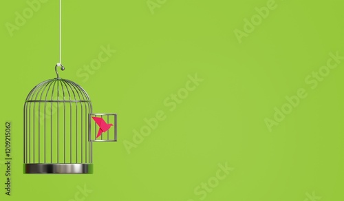 Slika na platnu A pink paper bird escaping its cage against a vibrant green backdrop