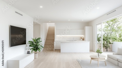 Wallpaper Mural Modern open-plan home interior design, kitchen and living room, minimalist style, natural light. Use Real estate, interior design Torontodigital.ca