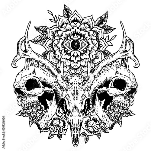 heavy tharsh horror death metal horror illustration skull skeleton band graphic shirt design artwork art print white