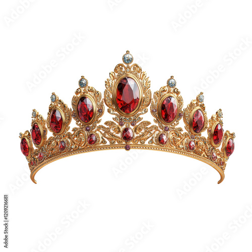 Golden royal crown with jewels, Heraldic elements, monarchic symbol for king. Monarchy accessory with red stones, Isolated on transparent background, 3d rendering photo