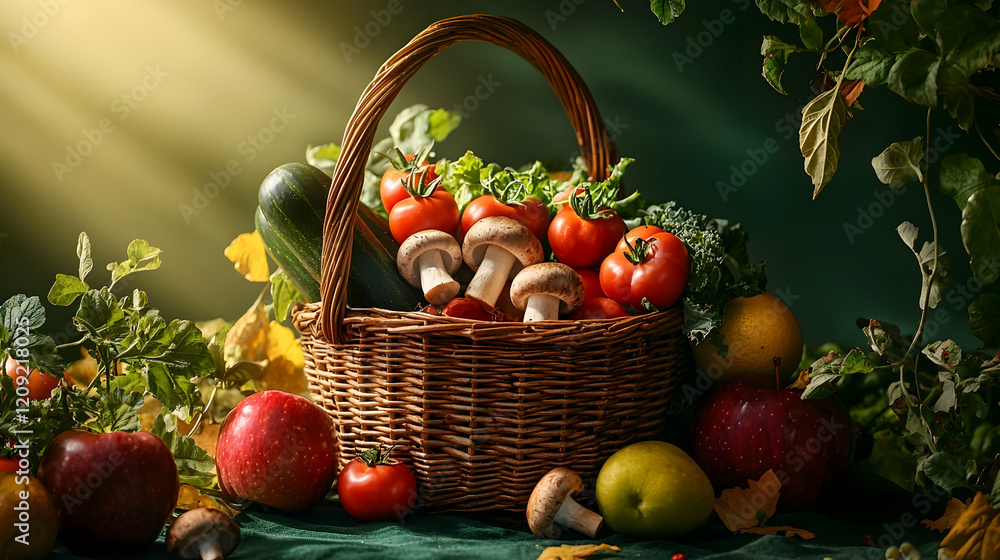 Illustration of Basket with Fresh Produce, Apples, Tomatoes, and Mushrooms Illustration of Basket with Fresh Produce, Apples, Tomatoes, and Mushrooms