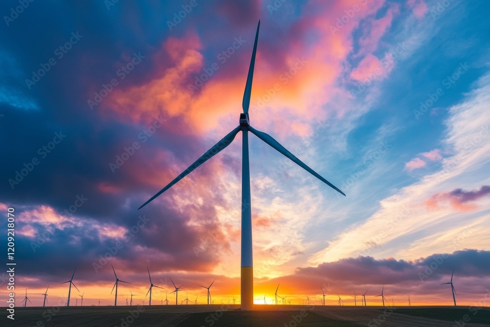 Sunrise illuminates a wind farm, with giant turbines standing against a backdrop of colorful clouds. The scene captures tranquility and renewable energy at dawn Sunrise illuminates a wind farm, with giant turbines standing against a backdrop of colorful clouds. The scene captures tranquility and renewable energy at dawn