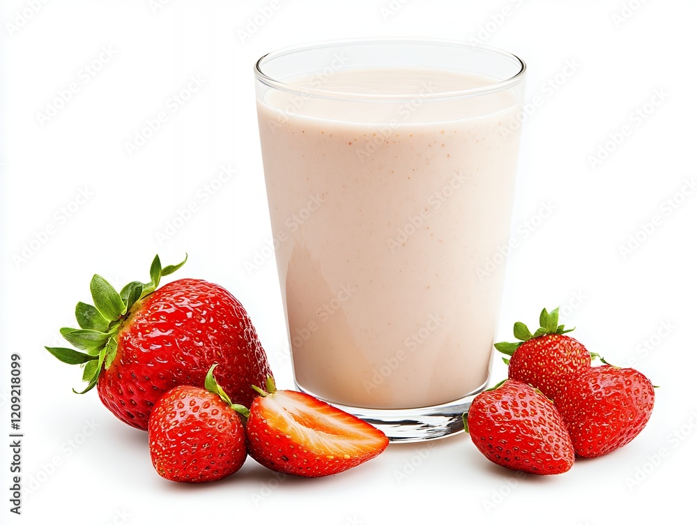 Refreshing strawberry smoothie in a clear glass with fresh strawberries on a white background Refreshing strawberry smoothie in a clear glass with fresh strawberries on a white background