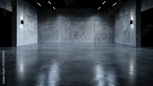 Empty modern industrial studio with polished concrete floor and textured walls illuminated by overhead lights.