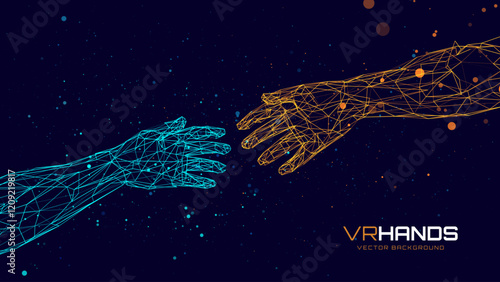 Creation AI Concept - Hands Reaching Towards Each Other. Concept of Human Relation, Partnership. Polygonal Mesh Wireframe Hands in Virtual Reality. 3D Low Poly Hands. Vector Illustration.