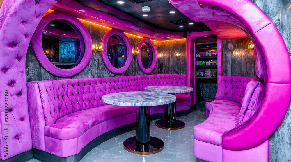 Fototapeta premium A vibrant pink lounge featuring plush seating, round mirrors, and stylish lighting creates a chic and modern atmosphere for relaxation.