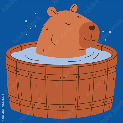 Funny capybara character. Exotic rodent bathing in barrel of water. Hand drawn vector illustration.