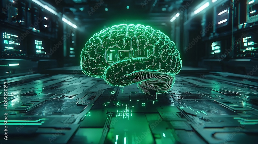 Obraz premium Digital AI holograph of a human brain glowing green on a smooth white background