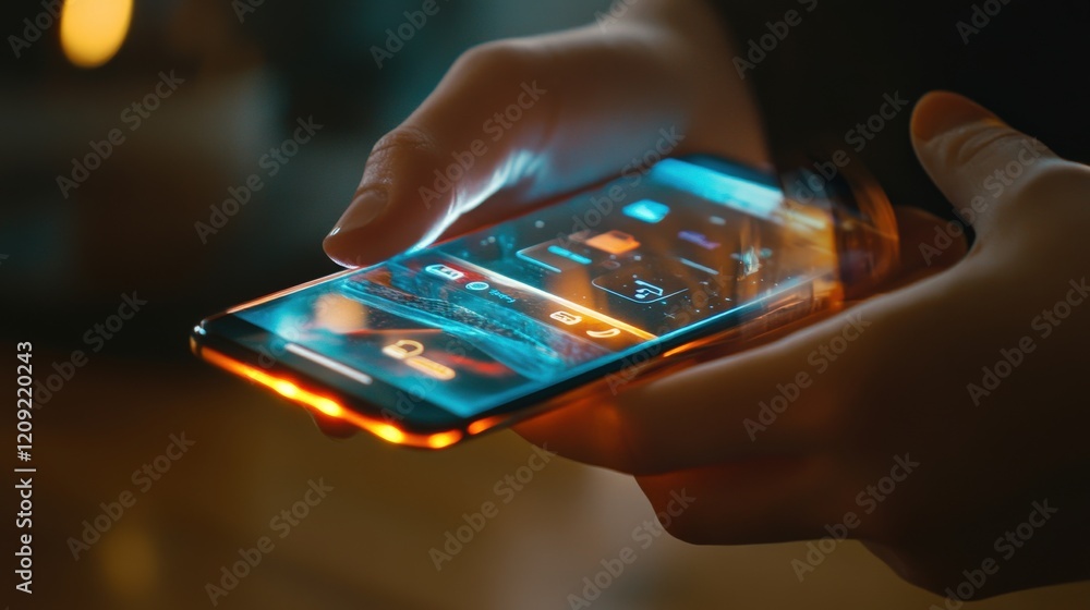 A close-up of hands holding a smartphone, making a purchase on a futuristic shopping app, with holographic product recommendations and instant payment options displayed on the screen A close-up of hands holding a smartphone, making a purchase on a futuristic shopping app, with holographic product recommendations and instant payment options displayed on the screen