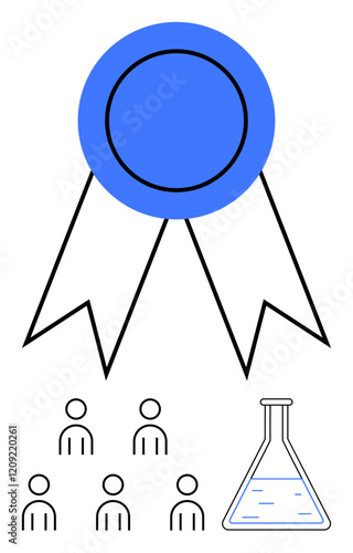 Blue ribbon icon above people symbols and laboratory flask representing cooperation, scientific achievement, teamwork, recognition, knowledge, education, and innovation. Ideal for science fairs