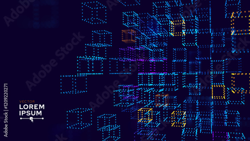 Big Data 3D Digital Cubes Quantum Computer Server Concept Background. 3D Blockchain Cube Blocks Concept. Data Core Abstract Cubes. Artificial Intelligence Presentation Design. Vector Illustration.