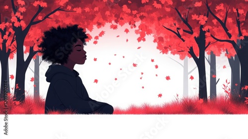 Tranquil Autumn Reflection of a Young Woman Among Vibrant Red Leaves in a Lush Forest Setting, Evoking Peace and Serenity in Nature's Embrace