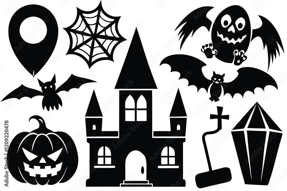 Vector Halloween silhouette set collection of Halloween icon and element isolated on white Vector Halloween silhouette set collection of Halloween icon and element isolated on white