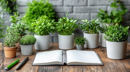 Varied Indoor Plants Surrounding Open Notebook on Rustic Table Against Grey Bricks, Creating a Calm and Productive Atmosphere for Creativity and Reflection