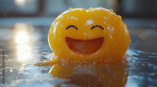Vibrant and Playful Smiling Jelly Character in a Reflection on Wet Surface, Capturing Joy and Happiness with a Bright Orange Color and Charming Expression