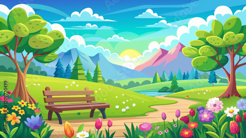 Beautiful spring summer natural landscape. Wooden bench on green meadow grass background with blooming flowers, trees, hills, blue sky and clouds on warm sunny day. Colorful bright nature