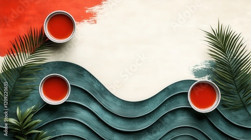 Vibrant Arrangement of Colorful Bowls with Tea on Textured Green and Red Background Surrounded by Tropical Leaves for Creative and Artistic Themes